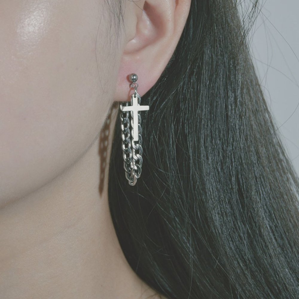 Cross Symbol Silver Chain Earrings